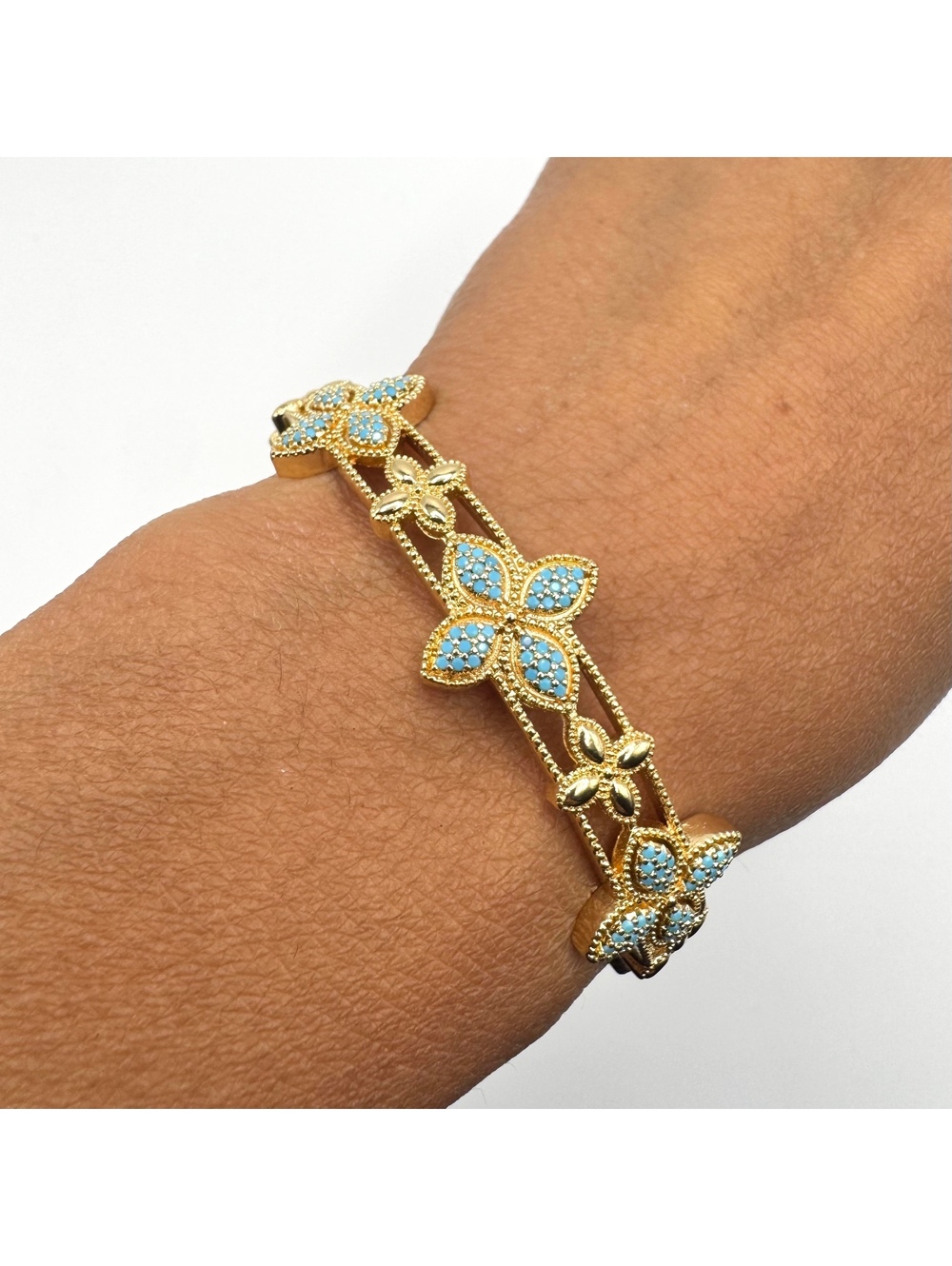 Vintage Style Gold Tone Floral Blue Stone Clover Cuff Bracelet